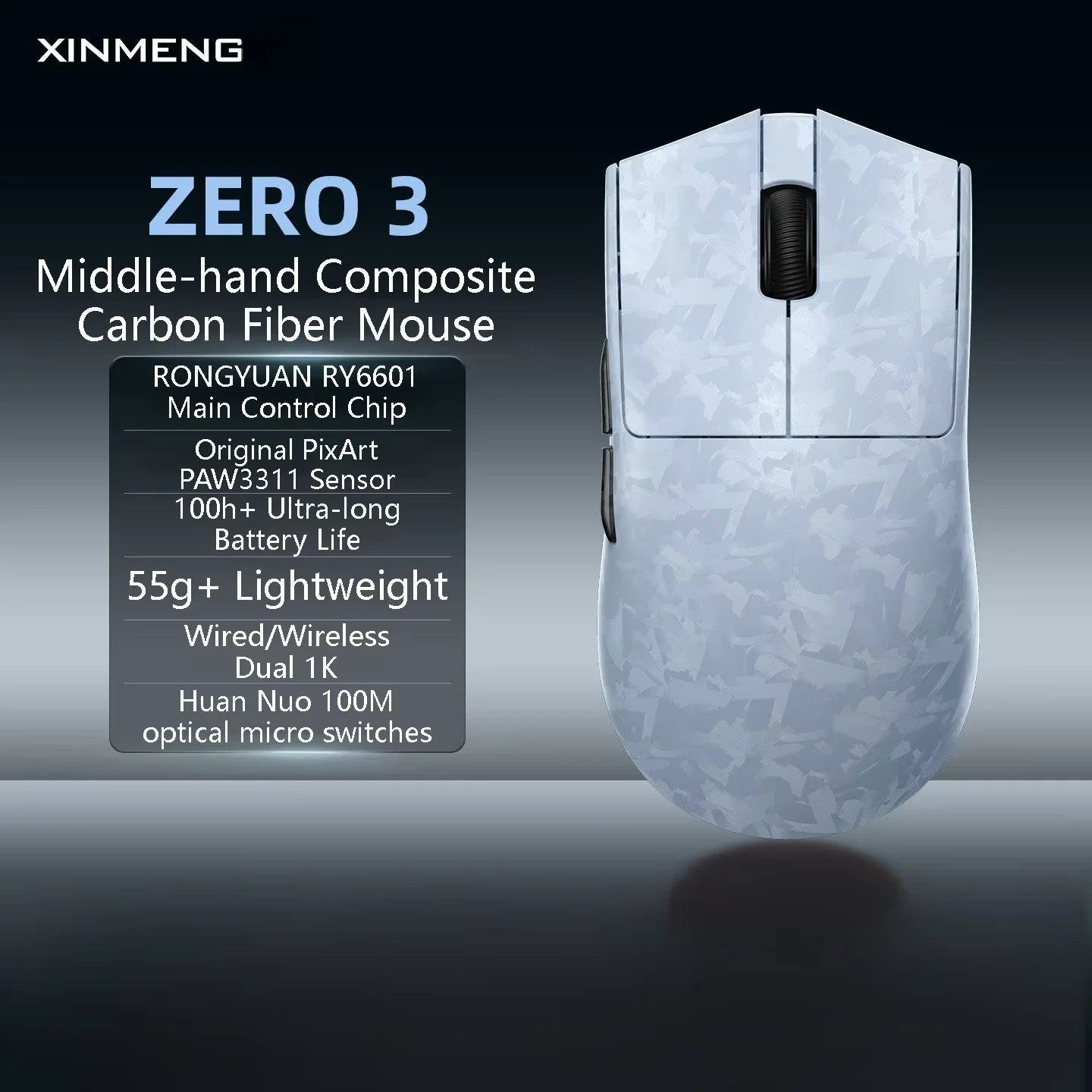 Xinmeng M3 Carbon Fiber Gaming Mouse + Mousepad - Coiled Cables