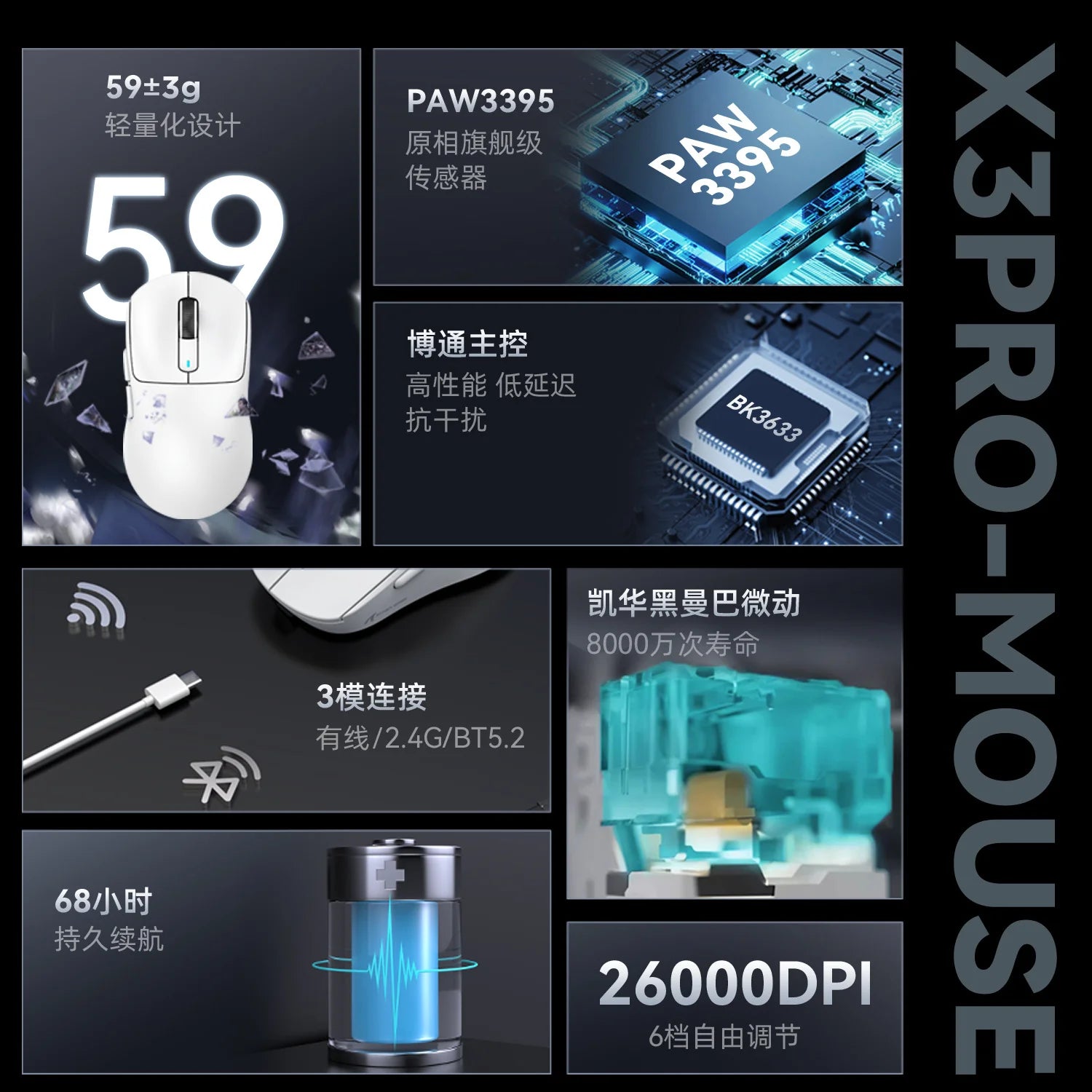 Attack Shark X3 PRO 8K Lightweight Wireless Gaming Mouse 26k Dpi 59g